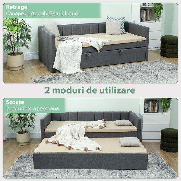 HOMCOM Cadru Pat Simplu 90x190 cm, Canapea cu Al Doilea Pat Extensibil, Tetieră Căptușită, Cotiere, Lamele din Lemn de Plop, pentru Cameră Living Oaspeți, Fără Saltea, Gri Închis | Aosom Romania