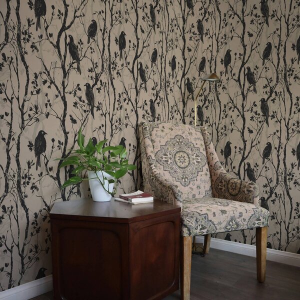 Tapet Ciorile pe ramuri, Tapet alb-negru, a00082 : Uwalls.ro