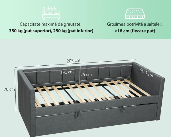 HOMCOM Cadru Pat Simplu 90x190 cm, Canapea cu Al Doilea Pat Extensibil, Tetieră Căptușită, Cotiere, Lamele din Lemn de Plop, pentru Cameră Living Oaspeți, Fără Saltea, Gri Închis | Aosom Romania