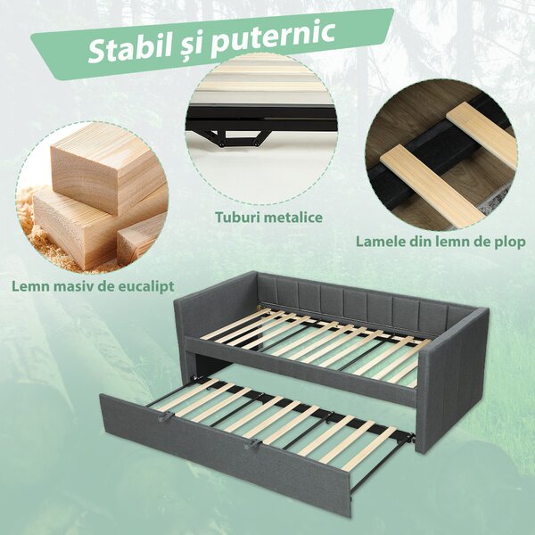 HOMCOM Cadru Pat Simplu 90x190 cm, Canapea cu Al Doilea Pat Extensibil, Tetieră Căptușită, Cotiere, Lamele din Lemn de Plop, pentru Cameră Living Oaspeți, Fără Saltea, Gri Închis | Aosom Romania