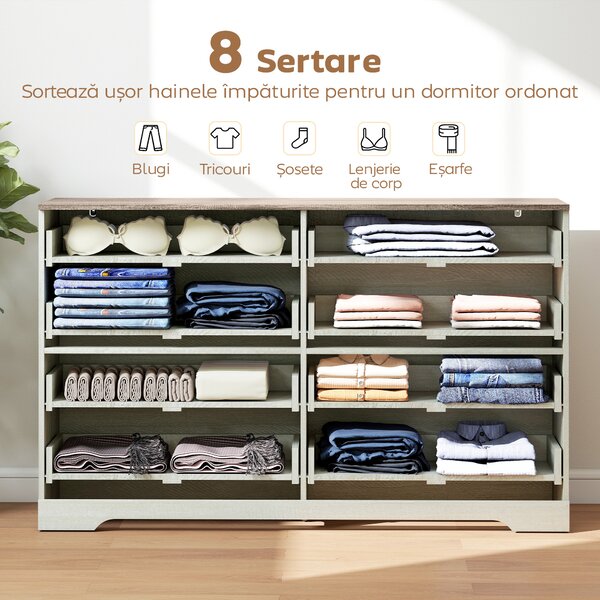 HOMCOM Comodă cu 8 Sertare pentru Dormitor, Modernă, cu Mânere, Spațioasă pentru Sufragerie, Cameră și Hol, 140x40x86 cm, Nuc și Gri Deschis | Aosom Romania