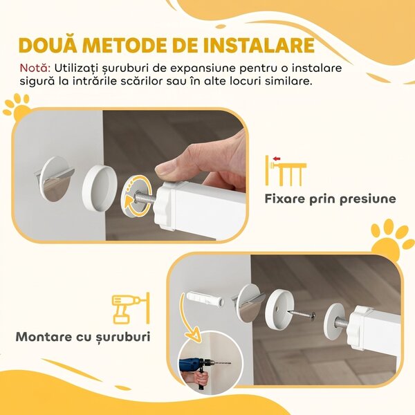 PawHut Poartă de siguranță pentru câini de interior, cu 2 extensii, 76-104 cm, pentru hol și scări, albă | Aosom Romania