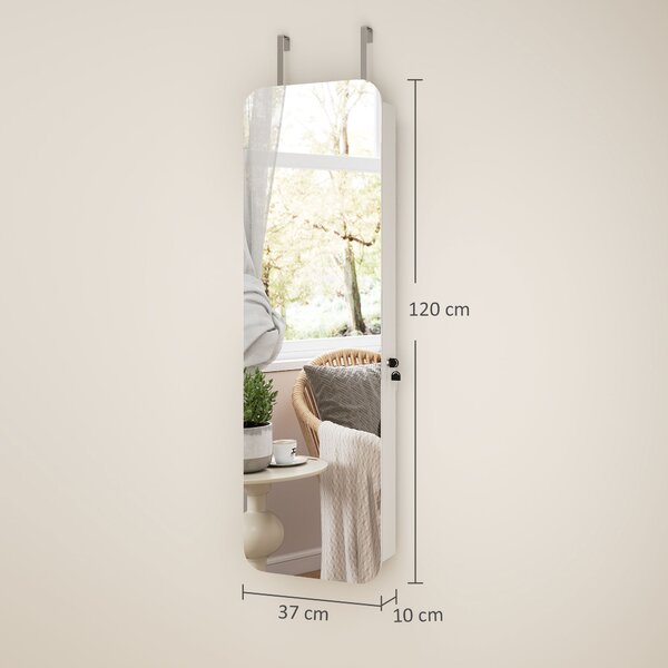 HOMCOM Dulap pentru Bijuterii Montabil pe Perete cu Oglindă Internă și LED-uri, Înălțime 120 cm, Economisire Spațiu, Sertare, Încuietoare și Cheie, Poliță Rabatabilă, Alb și Negru | Aosom Romania