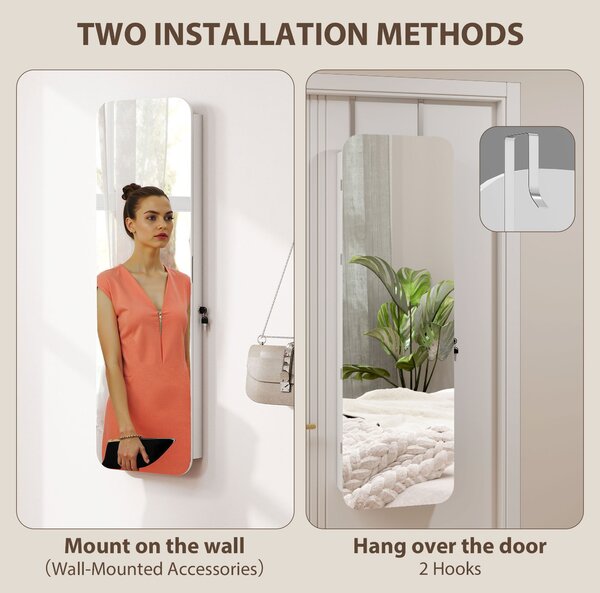 HOMCOM Dulap pentru Bijuterii Montabil pe Perete cu Oglindă Internă și LED-uri, Înălțime 120 cm, Economisire Spațiu, Sertare, Încuietoare și Cheie, Poliță Rabatabilă, Alb și Negru | Aosom Romania