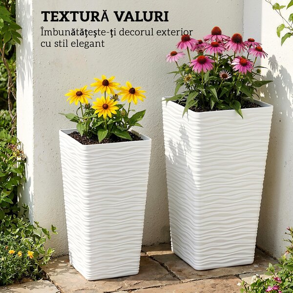 Outsunny Set de 3 Ghivece de Exterior Suprapozabile cu Model Ondulat, Ghivece Pătrate din Plastic pentru Flori cu Orificii de Drenaj, 42/55/65 cm, Alb, Negru, Maro | Aosom Romania