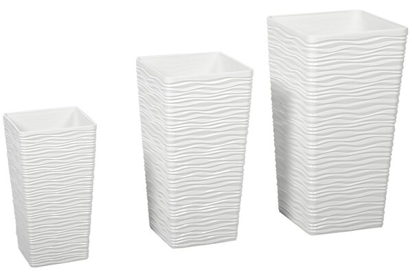 Outsunny Set de 3 Ghivece de Exterior Suprapozabile cu Model Ondulat, Ghivece Pătrate din Plastic pentru Flori cu Orificii de Drenaj, 42/55/65 cm, Alb, Negru, Maro | Aosom Romania