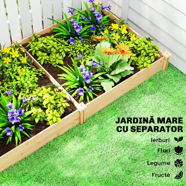 Outsunny Grădină Ridicată de Exterior cu Separator Central și Bază Deschisă, Jardinieră din Lemn de Brad, pentru Flori, Legume, Balcon sau Grădină, 235x121x26 cm, Culoare Lemn | Aosom Romania