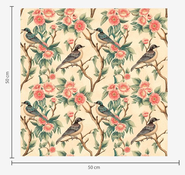Tapet Păsări mici pe ramuri cu flori pe fundal deschis, Tapet Shaby Chic, a00093 : Uwalls.ro