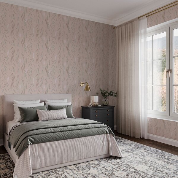Tapet Ramuri suspendate cu frunze pe fundal bej, Tapet Boho, a00095v1 : Uwalls.ro