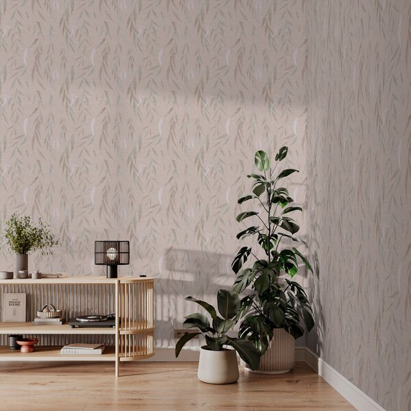 Tapet Ramuri suspendate cu frunze pe fundal bej, Tapet Boho, a00095v1 : Uwalls.ro