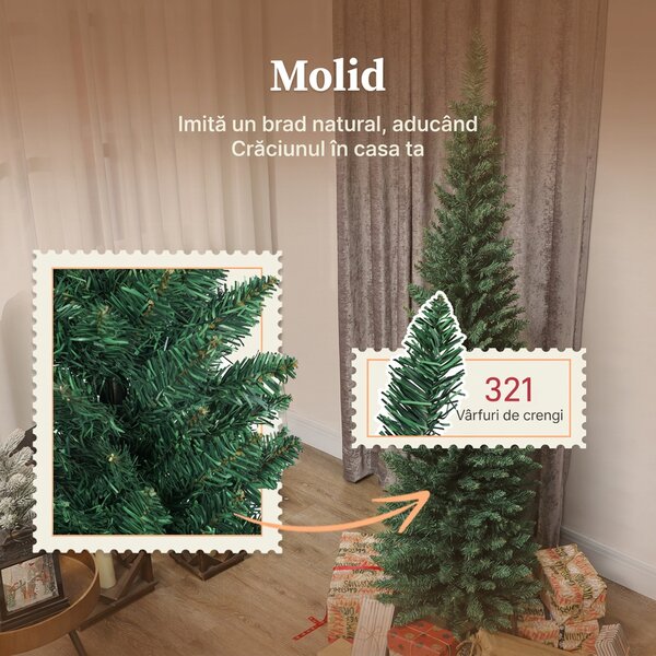 HOMCOM Brad de Crăciun artificial slim 180 cm cu 321 de ramuri, aspect de brad, cu bază din plastic, verde | Aosom Romania