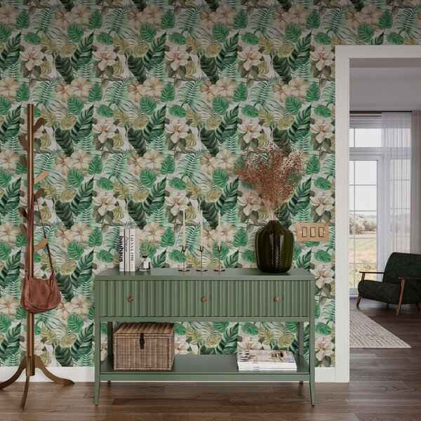 Tapet Compoziție de flori și frunze tropicale, Tapet Shaby Chic, a00099 : Uwalls.ro