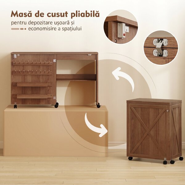 HOMCOM Masă de Cusut Pliabilă, Masă de Lucru cu Ușă Magnetică, 2 Compartimente, Raft de Depozitare, 18 Suporturi pentru Ațe, Roți Blocabile, Dulap pentru Mașina de Cusut, Maro | Aosom Romania