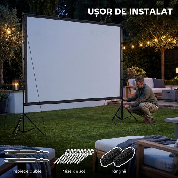 HOMCOM Ecran de Proiecție 120" 4K/8K HD Format 16:9 cu 2 Trepiede Pliabile, Ecran Portabil cu Față Dublă, Unghi Larg de 160°, pentru Cinema Acasă sau Exterior, Alb | Aosom Romania