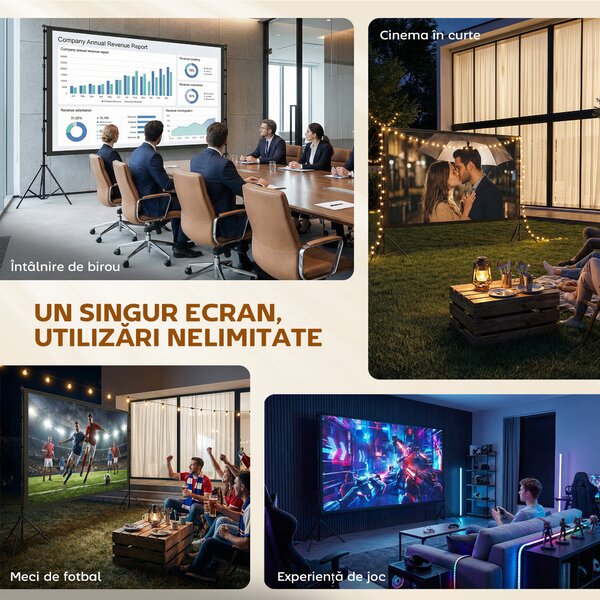 HOMCOM Ecran de Proiecție 120" 4K/8K HD Format 16:9 cu 2 Trepiede Pliabile, Ecran Portabil cu Față Dublă, Unghi Larg de 160°, pentru Cinema Acasă sau Exterior, Alb | Aosom Romania