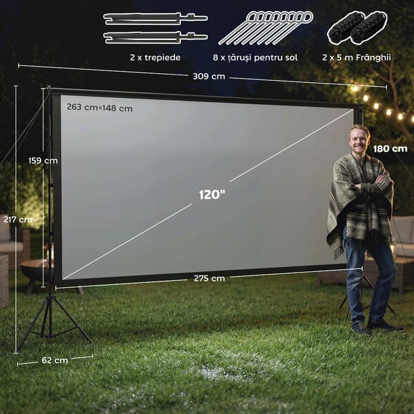 HOMCOM Ecran de Proiecție 120" 4K/8K HD Format 16:9 cu 2 Trepiede Pliabile, Ecran Portabil cu Față Dublă, Unghi Larg de 160°, pentru Cinema Acasă sau Exterior, Alb | Aosom Romania