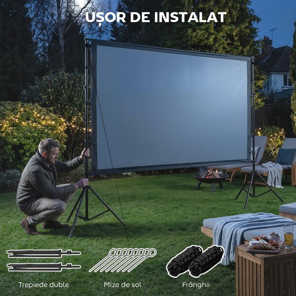 HOMCOM Ecran pentru Proiector de 100" 4K/8K HD, Format 16:9 cu 2 Trepiede Pliabile, Proiecție dublă, Unghi Larg de 160°, pentru Acasă, Cinema, Exterior, Alb | Aosom Romania