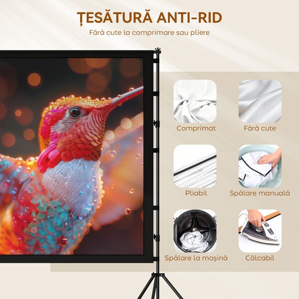HOMCOM Ecran pentru Proiector de 100" 4K/8K HD, Format 16:9 cu 2 Trepiede Pliabile, Proiecție dublă, Unghi Larg de 160°, pentru Acasă, Cinema, Exterior, Alb | Aosom Romania