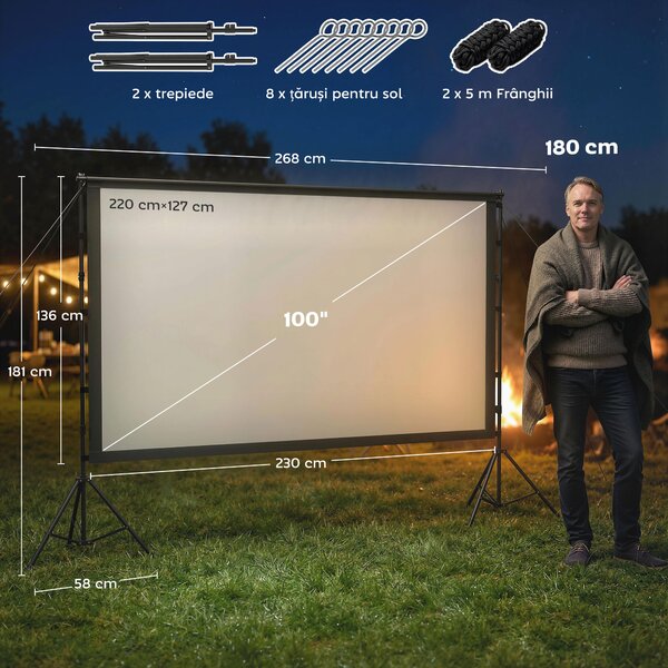 HOMCOM Ecran pentru Proiector de 100" 4K/8K HD, Format 16:9 cu 2 Trepiede Pliabile, Proiecție dublă, Unghi Larg de 160°, pentru Acasă, Cinema, Exterior, Alb | Aosom Romania