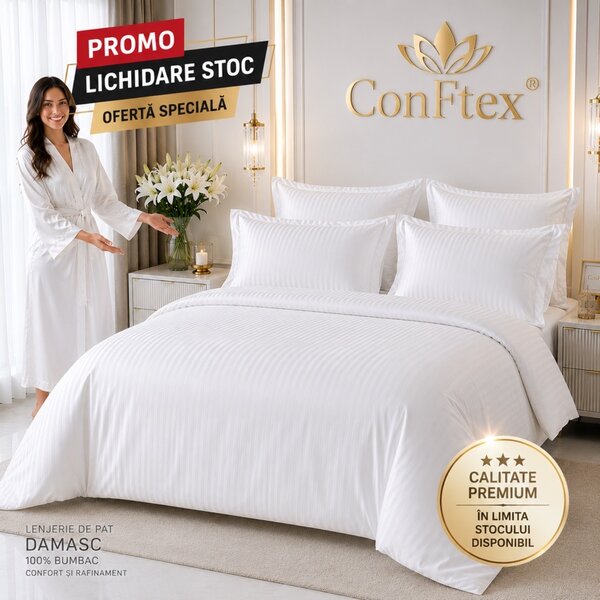 Lenjerie de Pat Damasc Hotelier 100% Bumbac – 4 Piese Clasic Alb