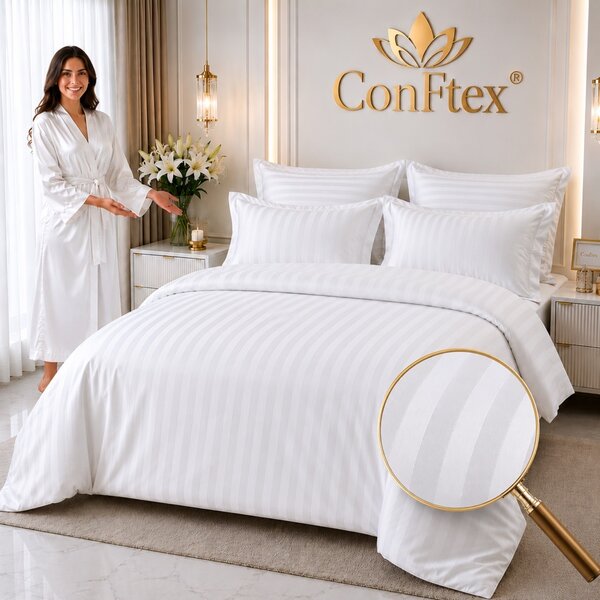 Lenjerie de Pat Damasc Hotelier 100% Bumbac pentru O Persoana – Alb dunga 3cm