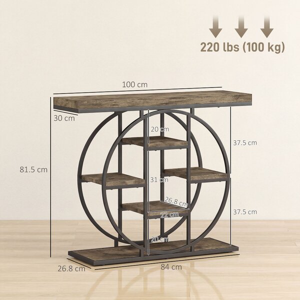 HOMCOM Masă consolă industrială cu rafturi și cadru circular din oțel, 100 x 30 x 81,5 cm, maro rustic | Aosom Romania