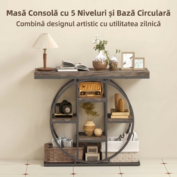 HOMCOM Masă consolă industrială cu rafturi și cadru circular din oțel, 100 x 30 x 81,5 cm, maro rustic | Aosom Romania