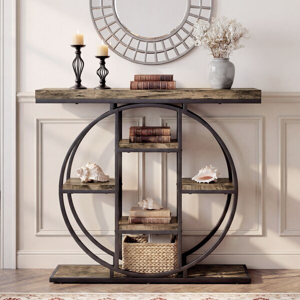 HOMCOM Masă consolă industrială cu rafturi și cadru circular din oțel, 100 x 30 x 81,5 cm, maro rustic | Aosom Romania