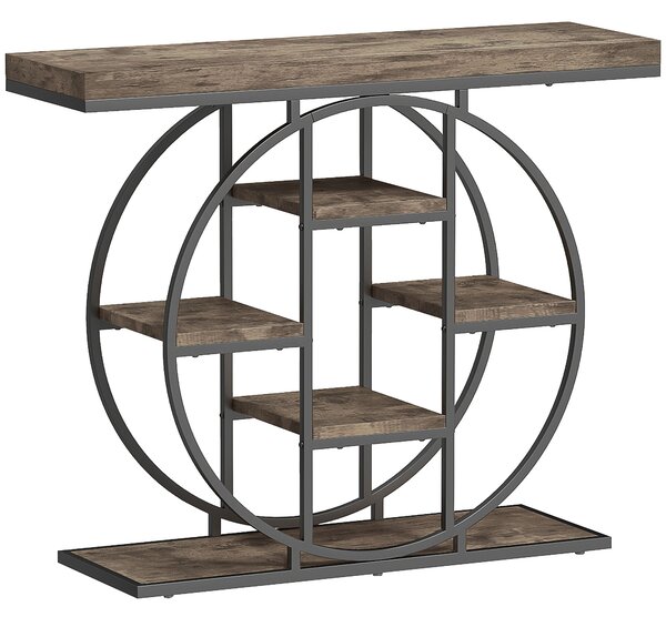 HOMCOM Masă consolă industrială cu rafturi și cadru circular din oțel, 100 x 30 x 81,5 cm, maro rustic | Aosom Romania