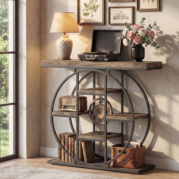 HOMCOM Masă consolă industrială cu rafturi și cadru circular din oțel, 100 x 30 x 81,5 cm, maro rustic | Aosom Romania