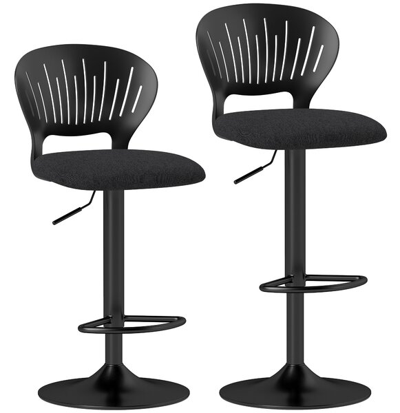Set HOMCOM de 2 Scaune de Bar Reglabile, Scaune de Bucătărie Înalte din Țesătură Tip In cu Spătar, Suport pentru Picioare și Scaun Moale, Structură din Metal, Scaune de Bar Rotative la 360°, Negru | Aosom Romania