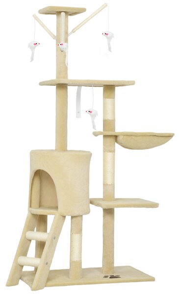 PawHut Turelă pentru pisici cu căsuță, stâlp de ascuțit gheare, platforme și 4 șoricei, din lemn, pluș și sisal, 50x35x134.2 cm, gri | Aosom Romania