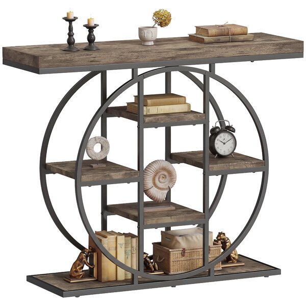 HOMCOM Masă consolă industrială cu rafturi și cadru circular din oțel, 100 x 30 x 81,5 cm, maro rustic | Aosom Romania