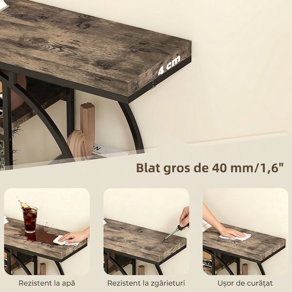 HOMCOM Masă consolă industrială cu rafturi și cadru circular din oțel, 100 x 30 x 81,5 cm, maro rustic | Aosom Romania