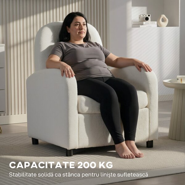 HOMCOM Fotoliu Tapițat cu Spațiu Ascuns, Spătar Înalt, Fotoliu Modern cu Brațe și Pernă Lombară, Material Teddy, pentru Dormitor și Sufragerie, Crem | Aosom Romania