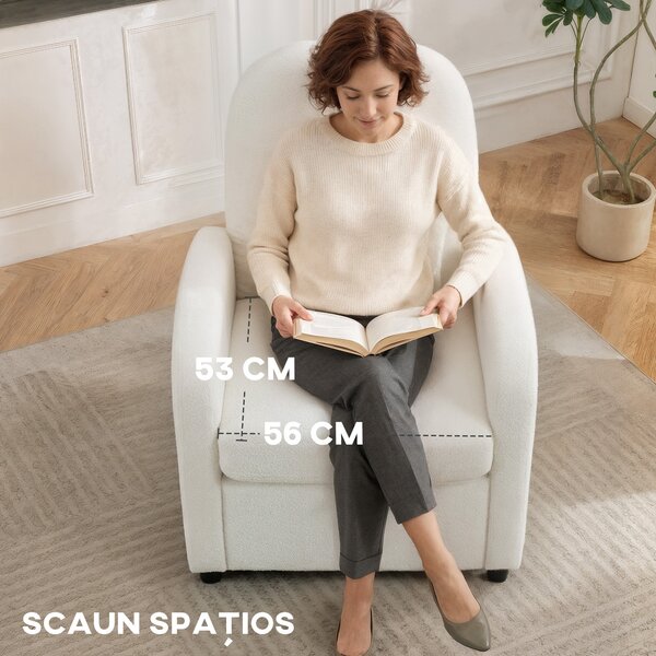 HOMCOM Fotoliu Tapițat cu Spațiu Ascuns, Spătar Înalt, Fotoliu Modern cu Brațe și Pernă Lombară, Material Teddy, pentru Dormitor și Sufragerie, Crem | Aosom Romania