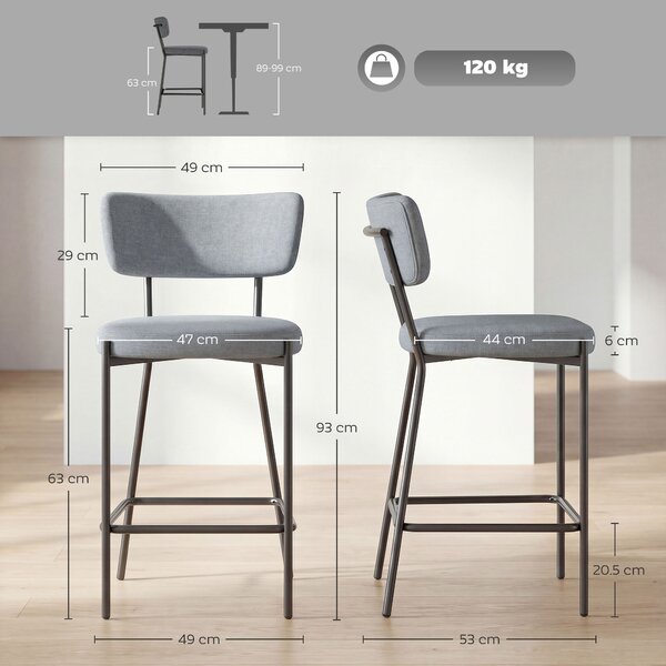 HOMCOM Set de 2 Scaune de Bar cu Spătar și Tapițate, Scaune Înalte din Material Textil cu Bară pentru Sprijinirea Picioarelor și Structură Metalică, Ușor de Asamblat, Gri Deschis | Aosom Romania