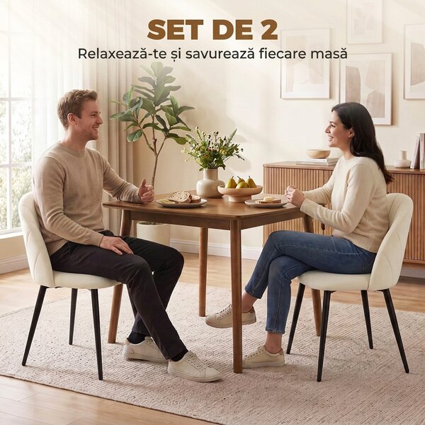 HOMCOM Set 2 Scaune Dining cu Spătar Tip Scoică și Picioare Metalice, Catifea, Crem | Aosom Romania