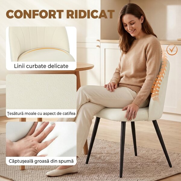 HOMCOM Set 2 Scaune Dining cu Spătar Tip Scoică și Picioare Metalice, Catifea, Crem | Aosom Romania
