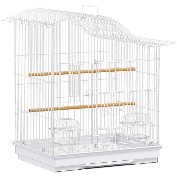 PawHut Colivie pentru Păsări cu 4 Uși, 2 Boluri, 2 Stinghii și Tavă Detașabilă, Volieră din Metal și Plastic, 47,5x36x54,5 cm, Alb | Aosom Romania