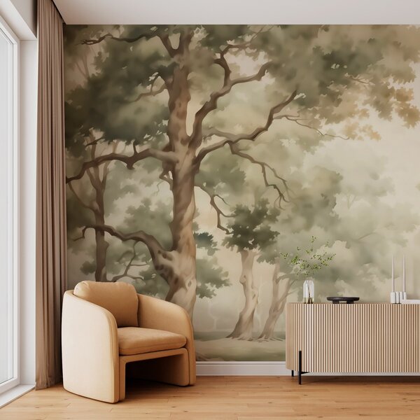 Tapet Oak grove imitație de acuarelă încețoșată, Fototapet pădure, Fototapet Birches, w03465 : Uwalls.ro