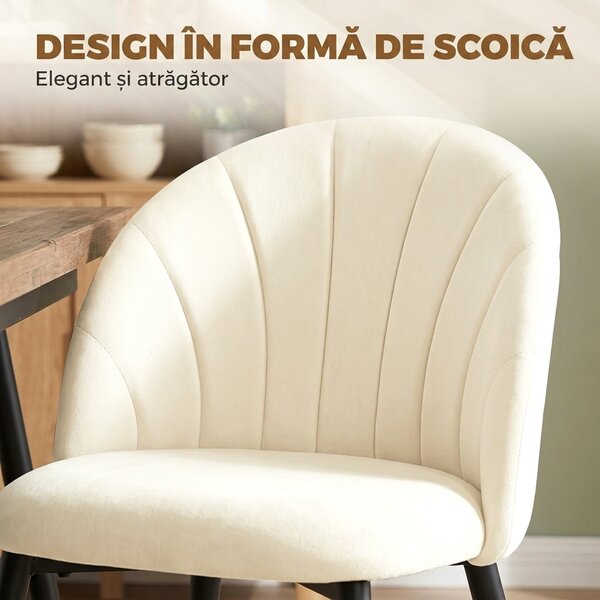 HOMCOM Set 2 Scaune Dining cu Spătar Tip Scoică și Picioare Metalice, Catifea, Crem | Aosom Romania