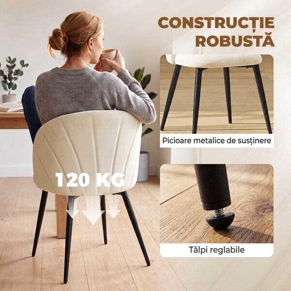 HOMCOM Set 2 Scaune Dining cu Spătar Tip Scoică și Picioare Metalice, Catifea, Crem | Aosom Romania