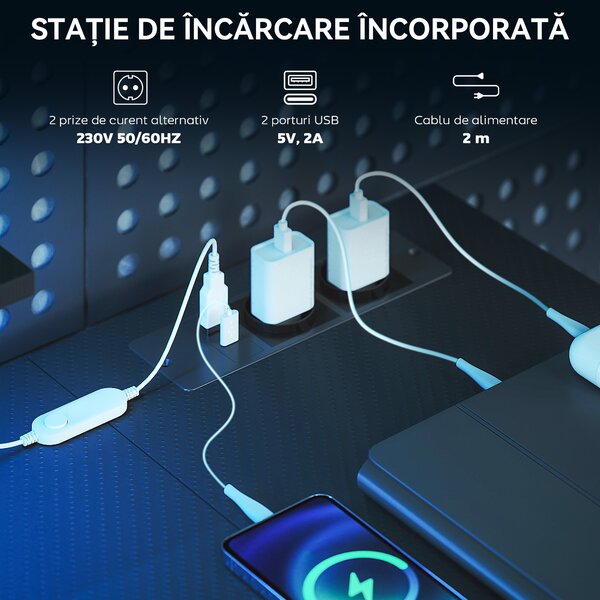 HOMCOM Birou Gaming Reversibil în L cu LED, 114,5x82 cm Birou Colțar cu Prize Electrice, Suport pentru Monitor și Rafturi Reglabile din Rețea, Stație Gaming pentru Acasă, Birou sau Studiu, Negru | Aosom Romania