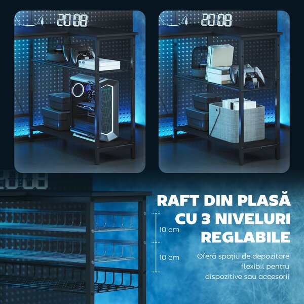 HOMCOM Birou Gaming Reversibil în L cu LED, 114,5x82 cm Birou Colțar cu Prize Electrice, Suport pentru Monitor și Rafturi Reglabile din Rețea, Stație Gaming pentru Acasă, Birou sau Studiu, Negru | Aosom Romania