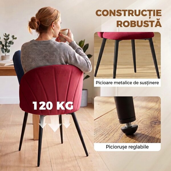 HOMCOM Set de 2 Scaune de Sufragerie din Catifea cu Spătar Tip Scoică, Culoare Roșu Vin, | Aosom Romania