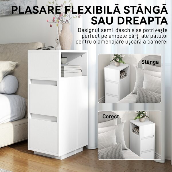 HOMCOM Set de 2 Noptiere Înalte și Subțiri pentru Dormitor cu 2 Sertare și Raft Deschis, Noptiere Moderne Economisitoare de Spațiu, Măsuțe pentru Divan, Sufragerie și Dormitor, 25x30x65 cm, Alb | Aosom Romania