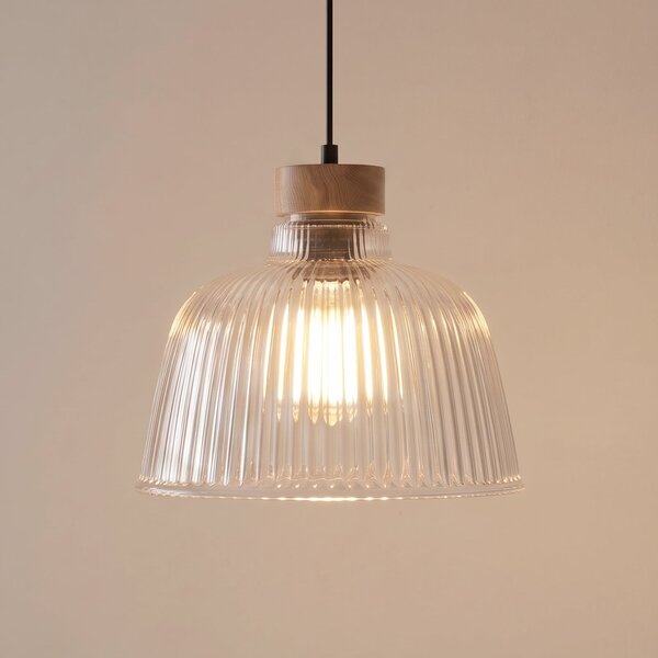 Lamkur Lampă suspendată Asta, lemn de stejar/sticlă, Ø 28 cm, E27, reglabil, Transparent, Camera de zi / sufragerie, Sticlă