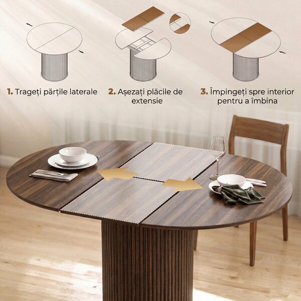 HOMCOM Masă Extensibilă pentru 6-8 Persoane, Rotundă/Ovală, cu Bază Tip Piedestal, din MDF și Oțel, Nuc Închis | Aosom Romania