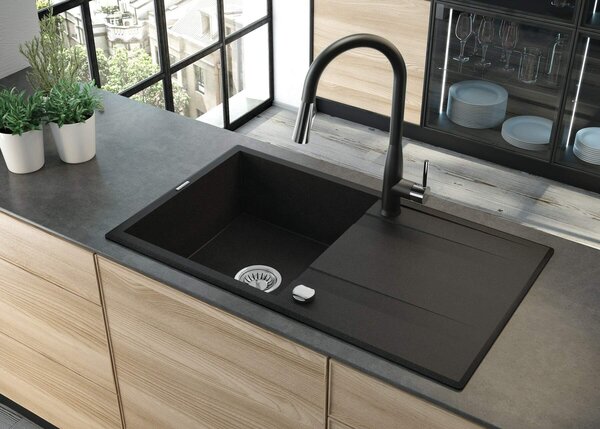Deante Eridan, chiuvetă blat din granit 860x500x203 mm W/O, 3,5" + sifon care economisește spațiu, 1 cameră, grafit metalic, ZQE_G113